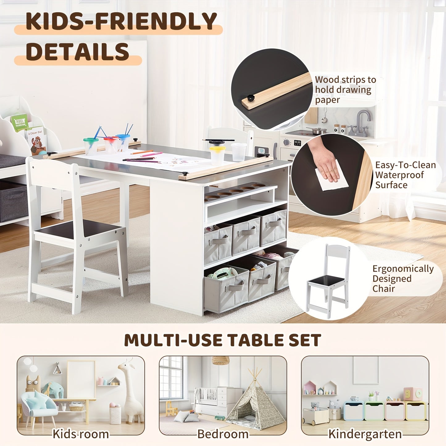 Wooden Art Table With 2 Chairs And Storage Bins For Crafts