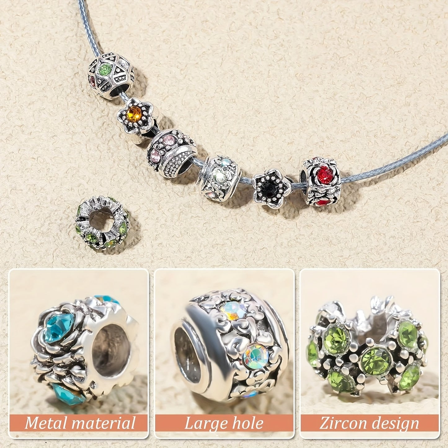 Metal Bead Set With Rhinestone Large Hole DIY Jewelry