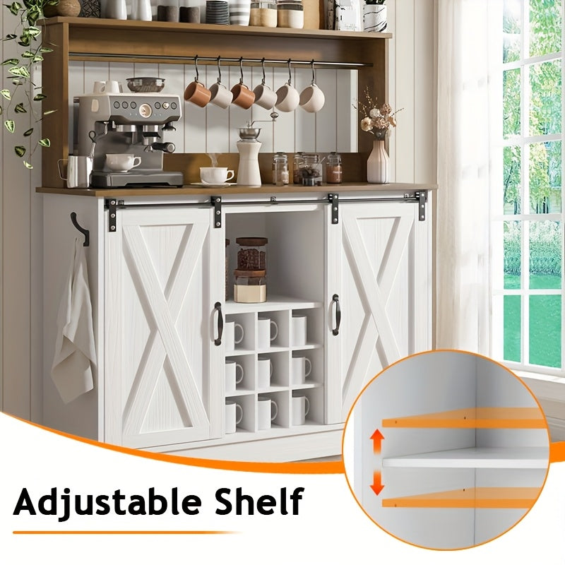 47 Inch Farmhouse Coffee Cabinet With 9 Racks And 6 Hooks