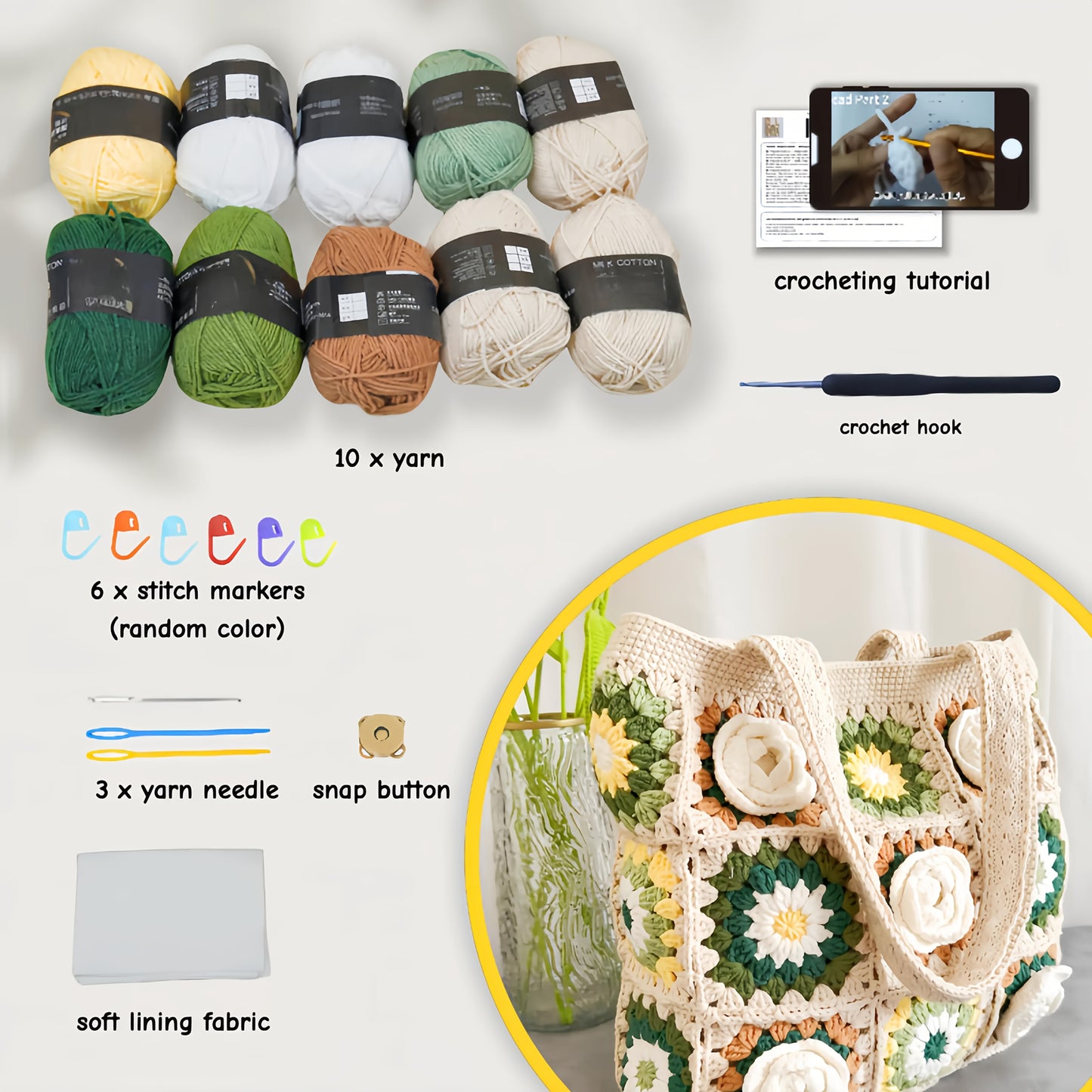 Crochet Kit 3D Camellia Granny Square Bag DIY Tote Set