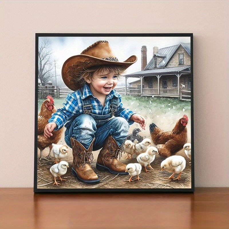 5D Diamond Painting Kit Cowboy And Chickens Round Canvas