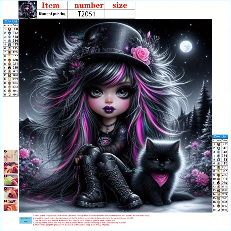 Girl With Black Cat 5D Diamond Art Kit Round Drill Beginner