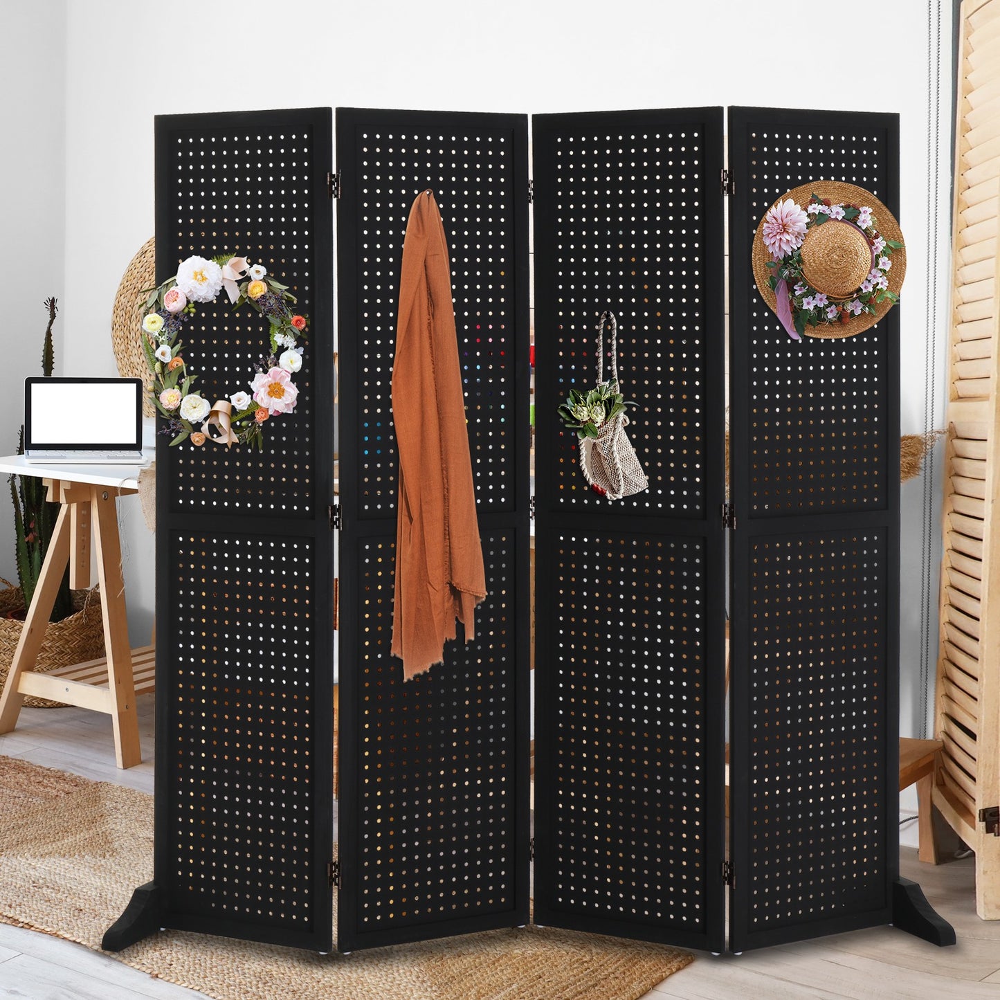 5 Ft Wood Freestanding Pegboard Room Divider Organizer