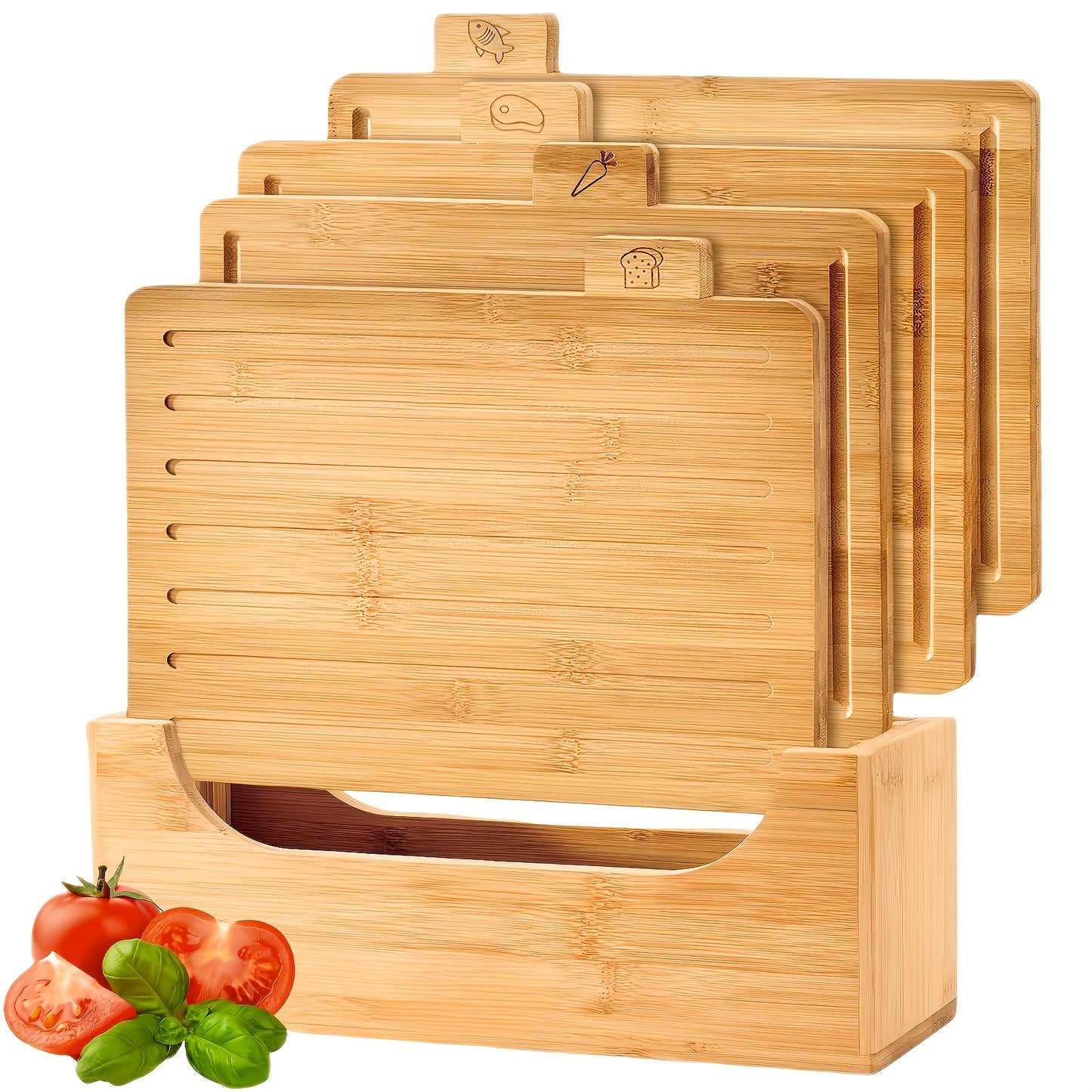 Bamboo Cutting Board Set With Stand Juice Groove Food Icons