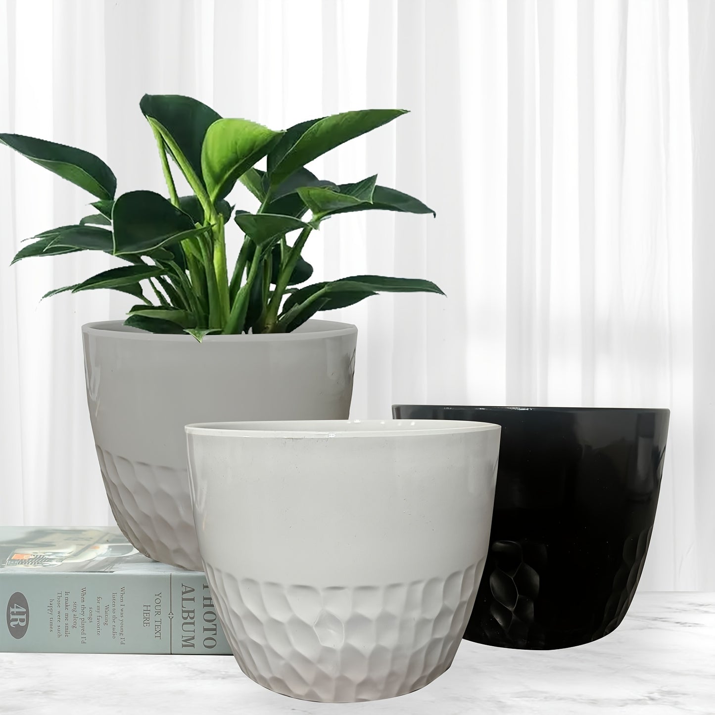 3-Piece PolyStone Modern Round Planters, Indoor Outdoor