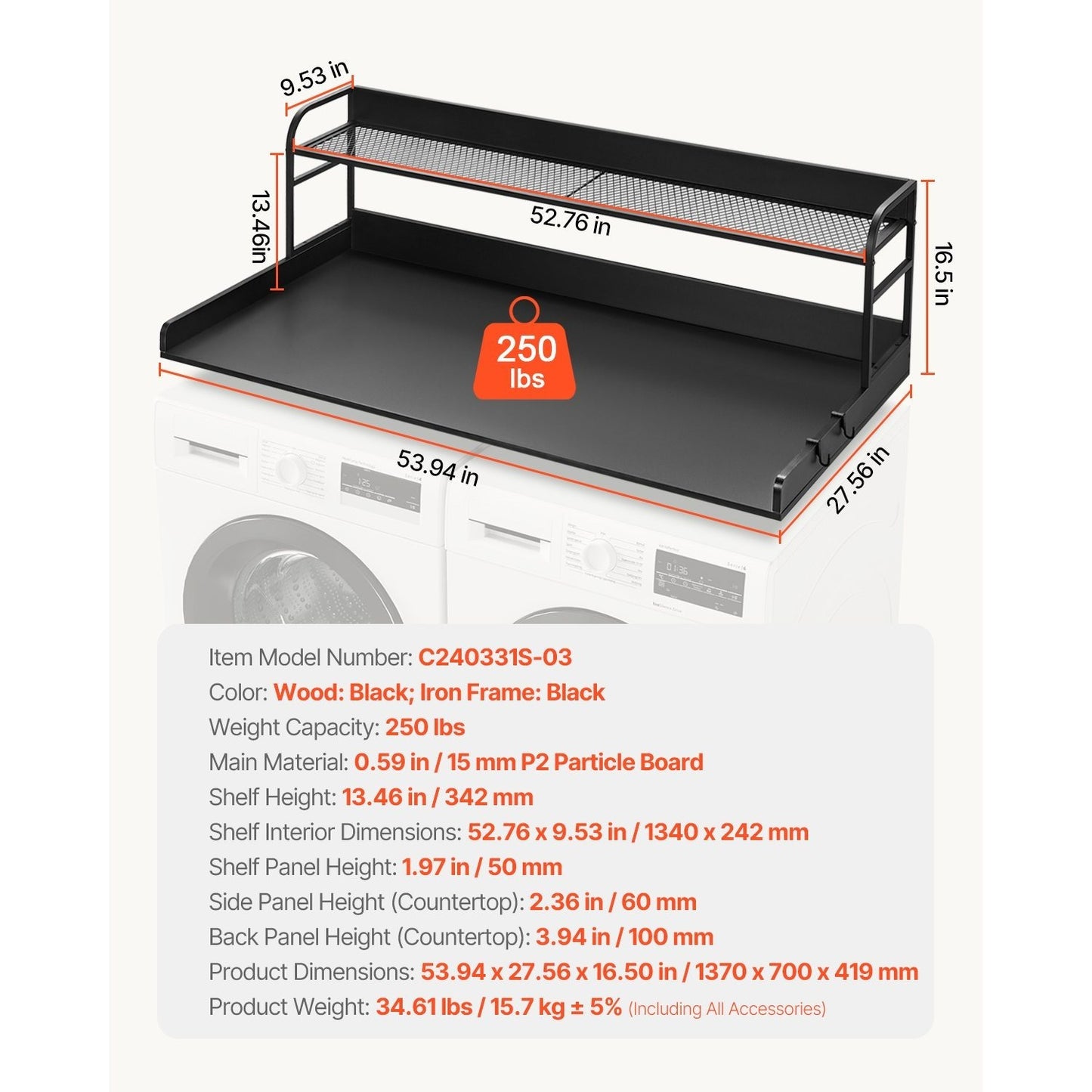 VEVOR Washer Dryer Countertop With 2 Tier Shelf Storage