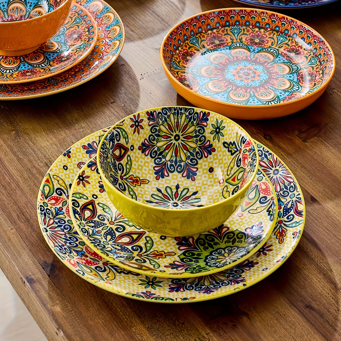 Bohemian Dinnerware Set 24pc Ceramic Plates Service For 4