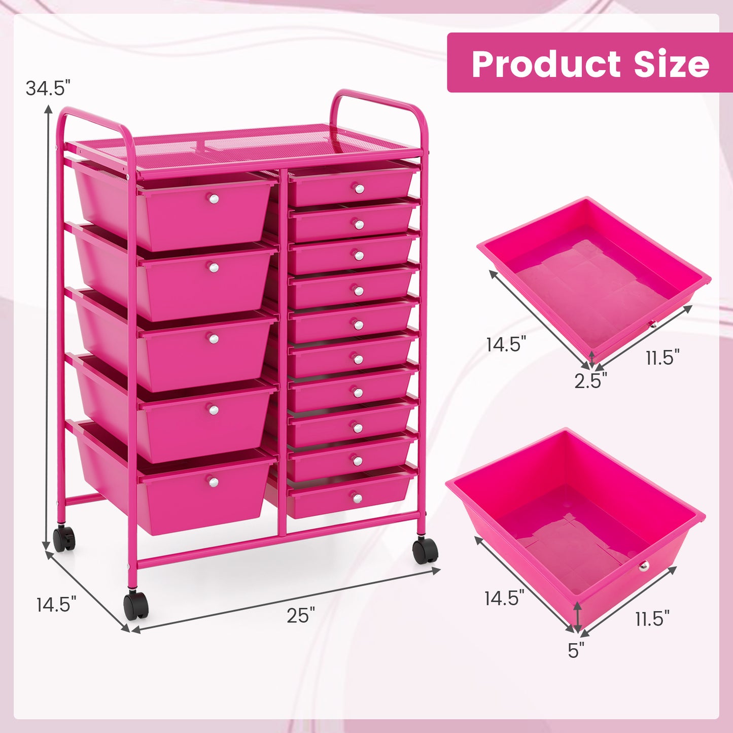 MULTIGOT Pink Cast Iron 15-Drawer Rolling Storage Cart