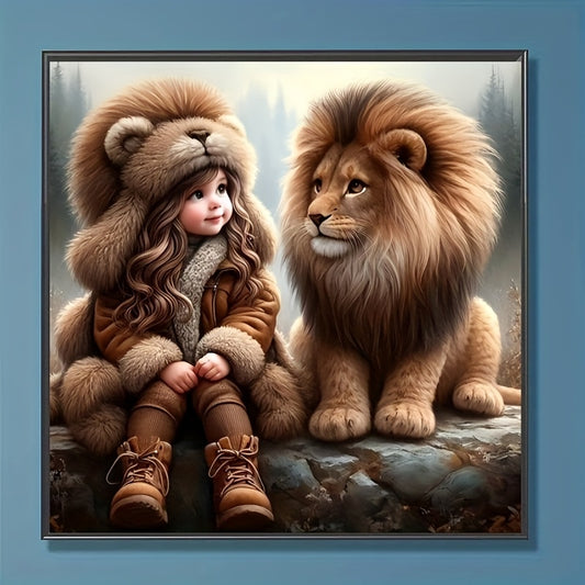 Frameless Little Girl And Her Lion Round Diamond Painting