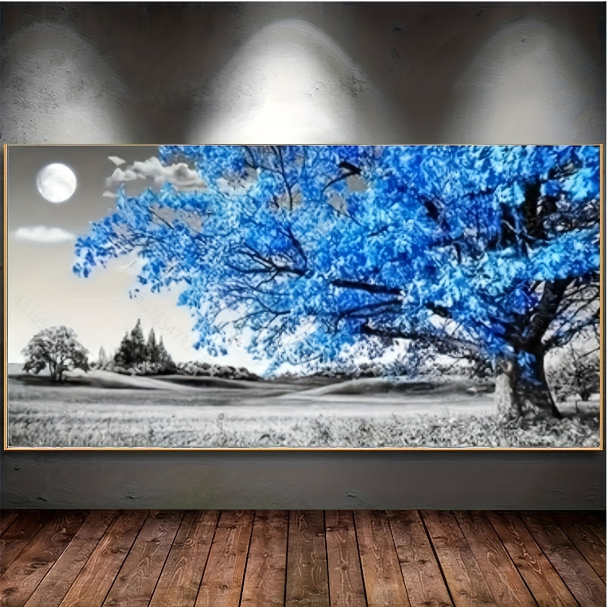 Frameless Round Diamond Painting Kit Blue Tree Wall Decor