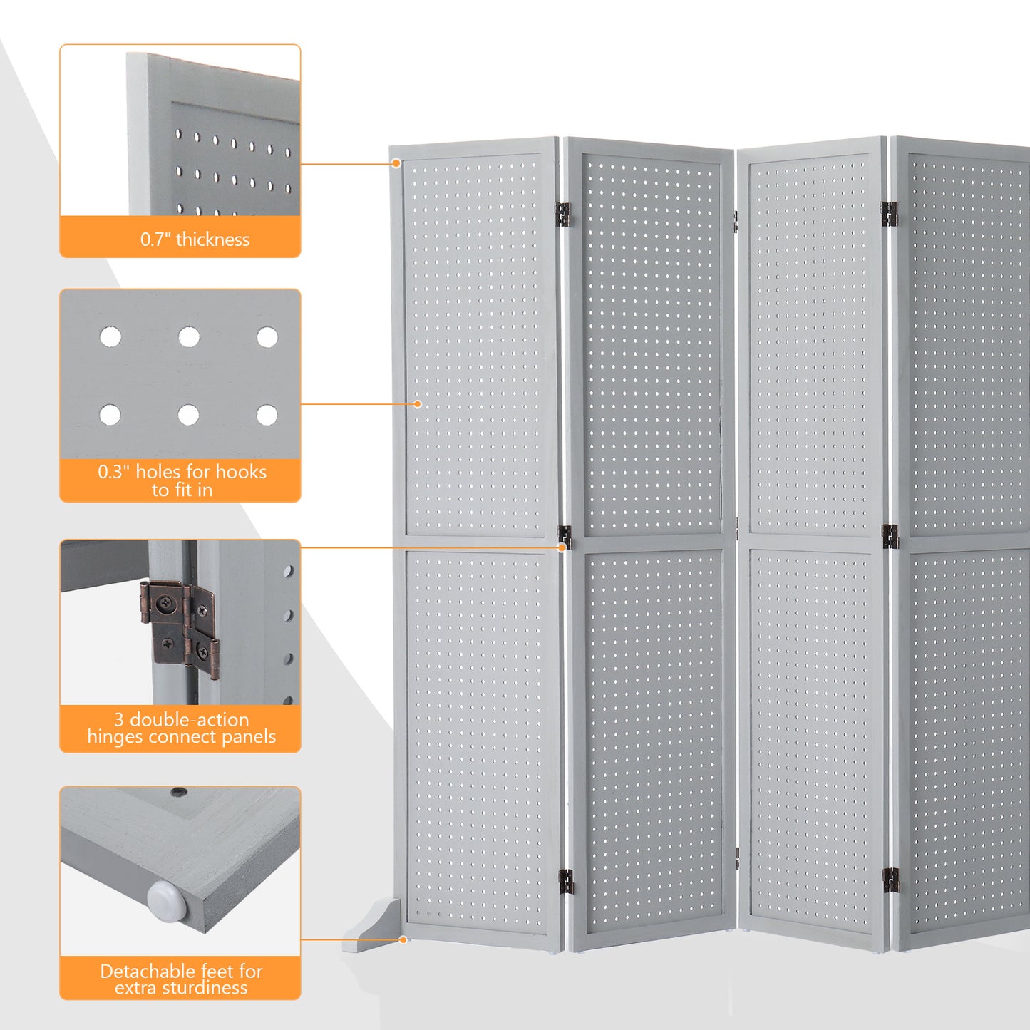 5 Ft Wood Freestanding Pegboard Room Divider Organizer