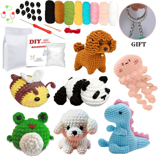 Seven Piece Beginner Crochet Kit Dinosaur Panda Frog