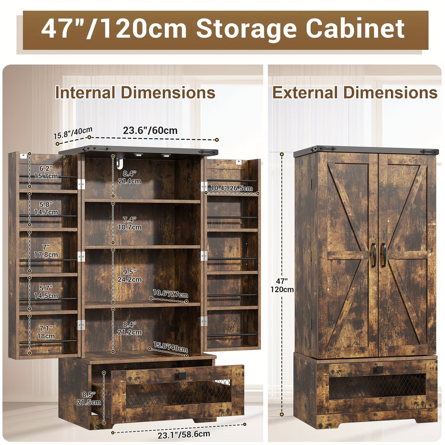 55 Inch Wooden Pantry Cabinet With Shelves And Drawer