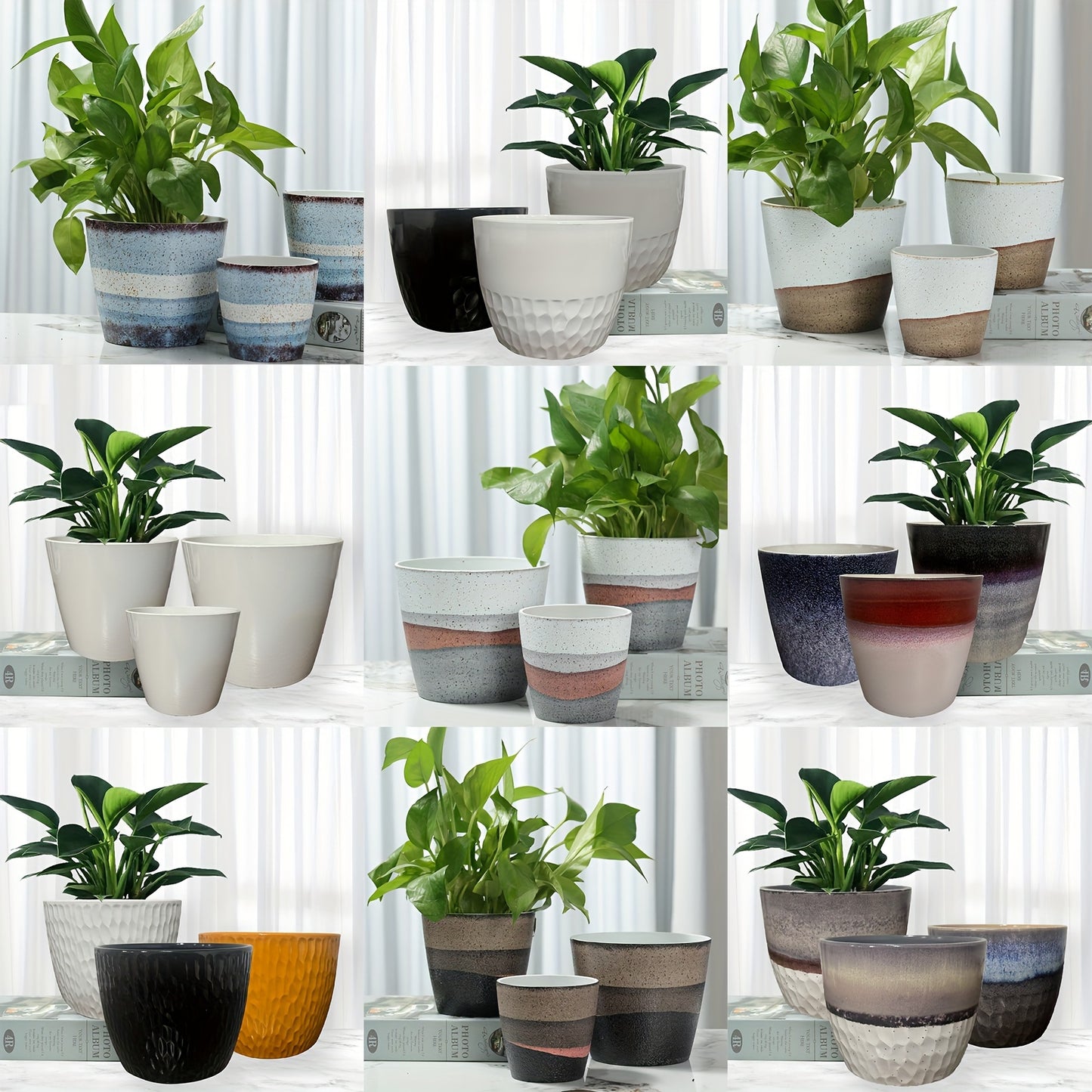 3-Piece PolyStone Modern Round Planters, Indoor Outdoor