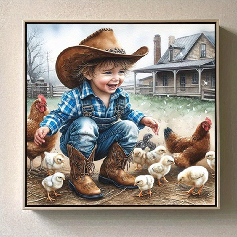 5D Diamond Painting Kit Cowboy And Chickens Round Canvas