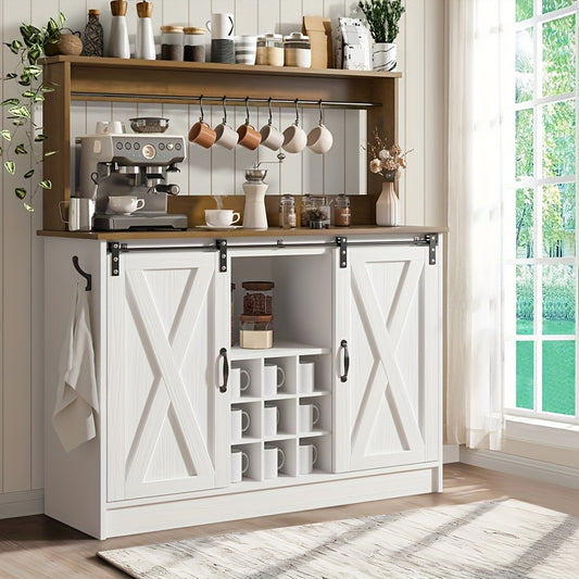 47 Inch Farmhouse Coffee Cabinet With 9 Racks And 6 Hooks