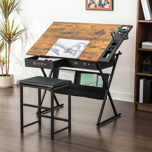 Brown Adjustable Drafting Table With Drawers And Stool