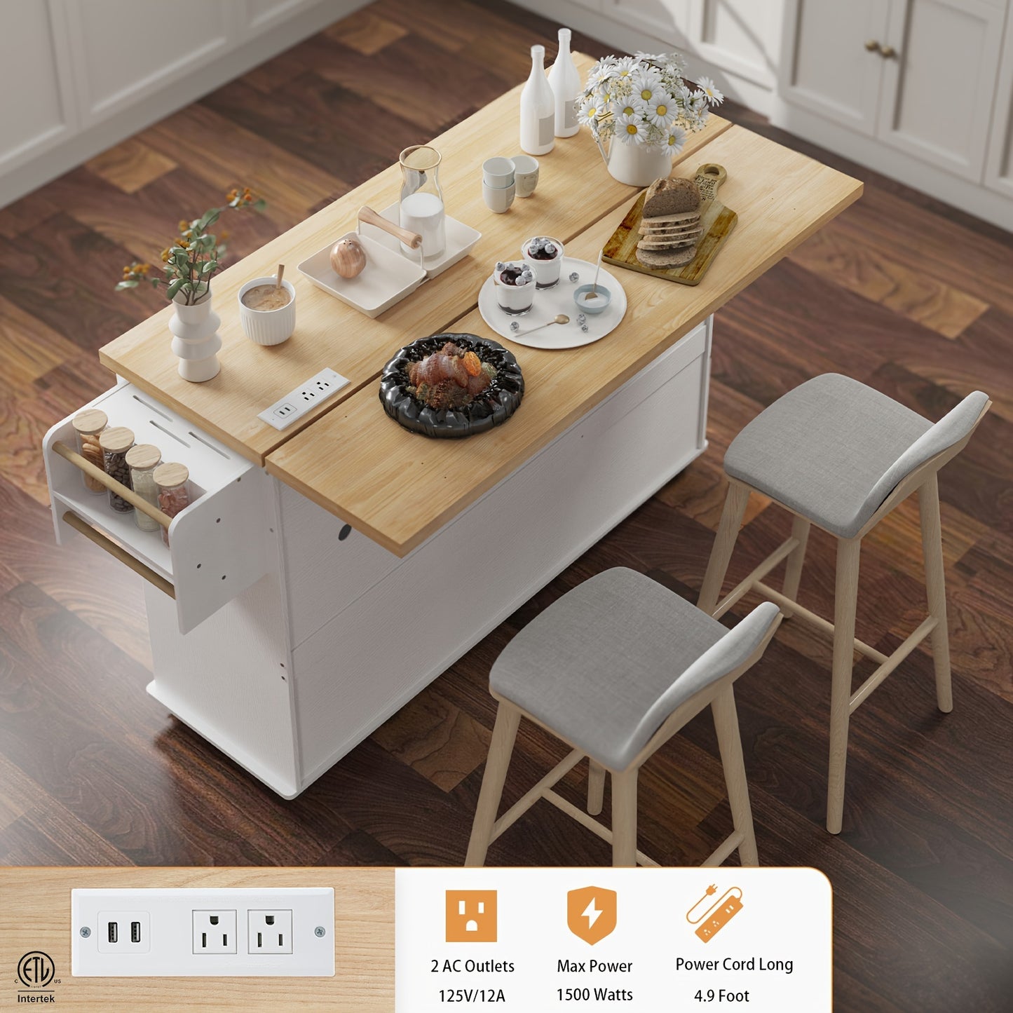 60 Inch Mobile Kitchen Island Cart With Power Outlet