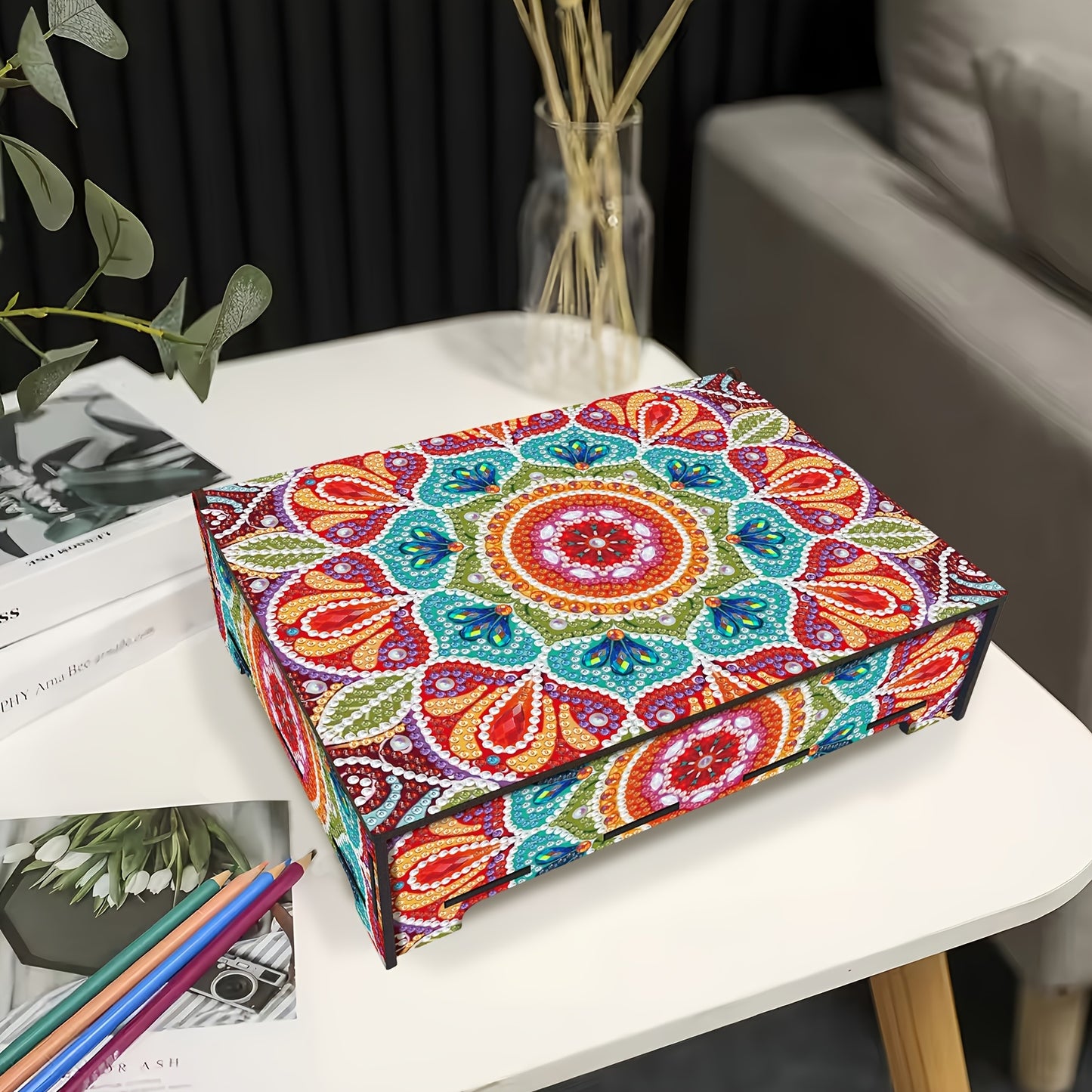 Diamond Painting Kit With Mirror Cover Mandala Wooden Box