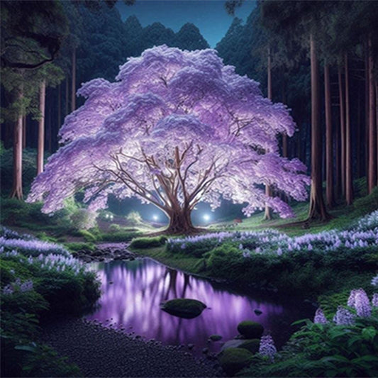 5D Purple Night Light Cherry Blossom Diamond Painting Kit