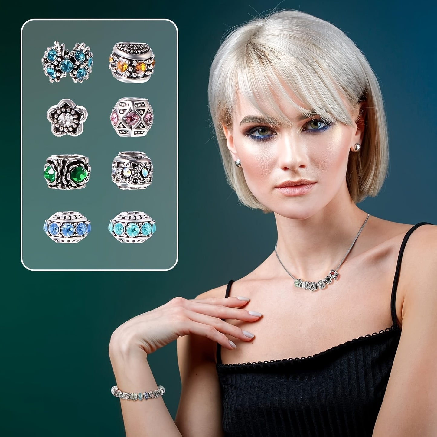 Metal Bead Set With Rhinestone Large Hole DIY Jewelry