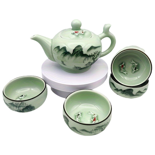 Hand Painted Modern Ceramic Carp Tea Set 5 Piece For Home