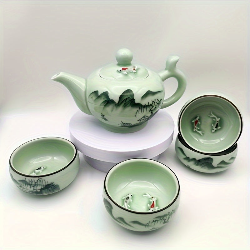 Hand Painted Modern Ceramic Carp Tea Set 5 Piece For Home