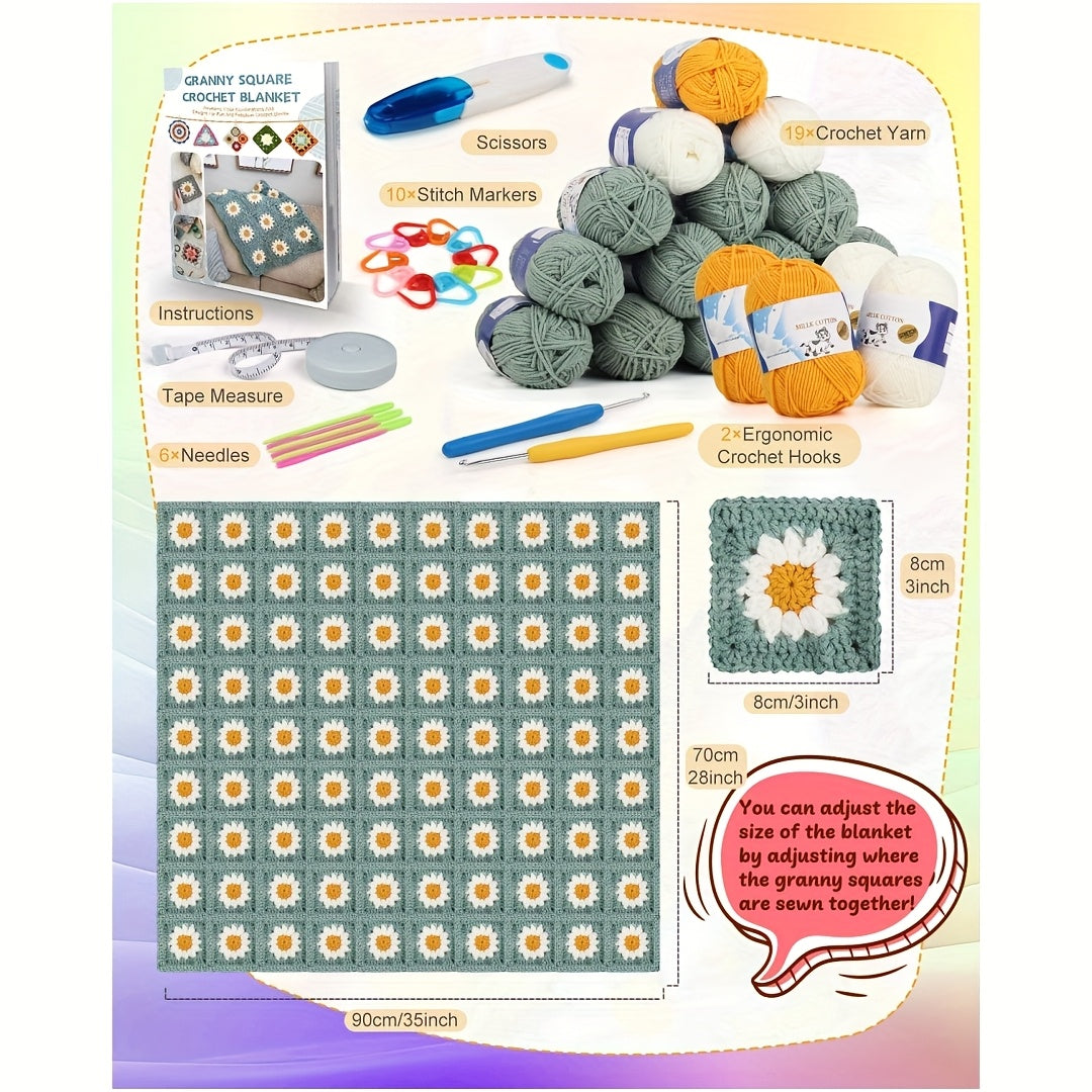Beginner Crochet Blanket Kit With Granny Squares And Yarns