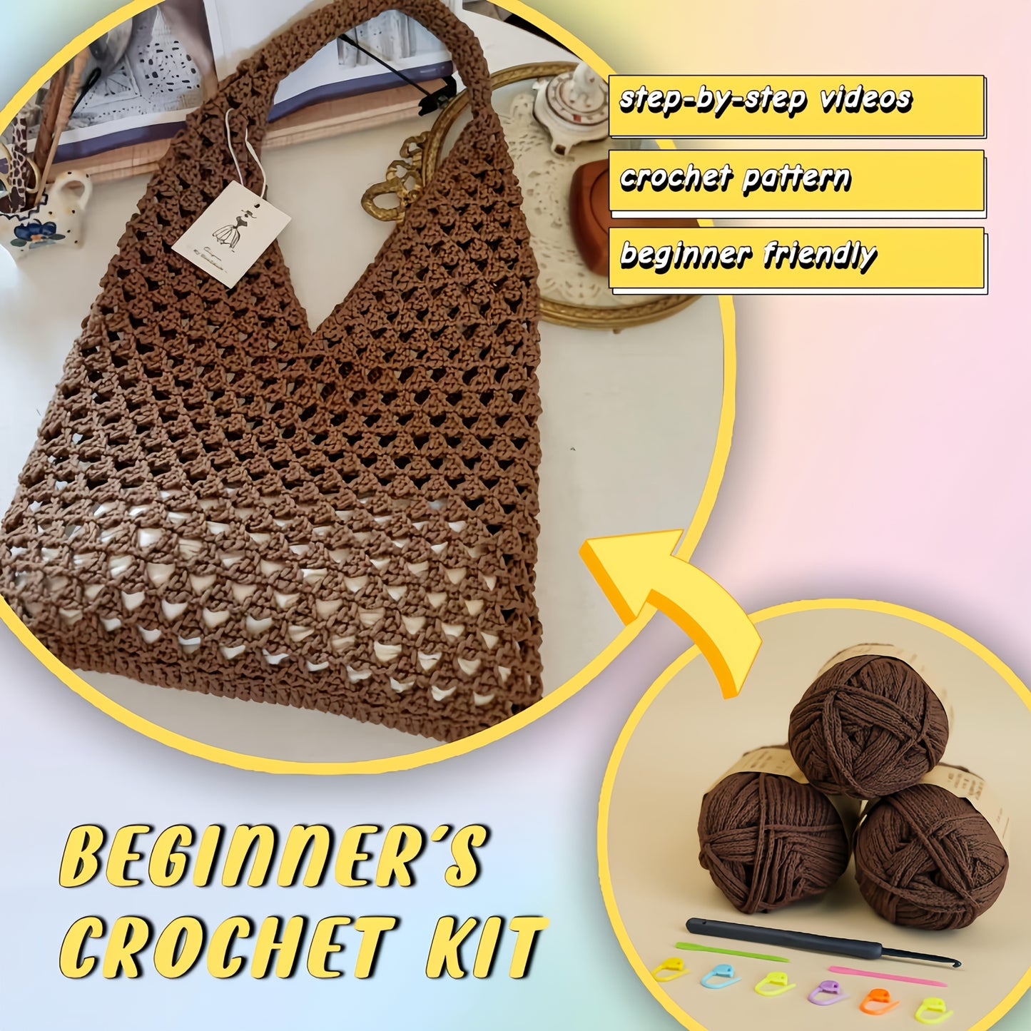 Beginner Crochet Kit for Mesh Shoulder Bag Brown Yarn Set