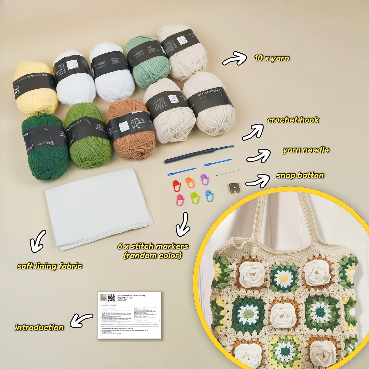 Crochet Kit 3D Camellia Granny Square Bag DIY Tote Set