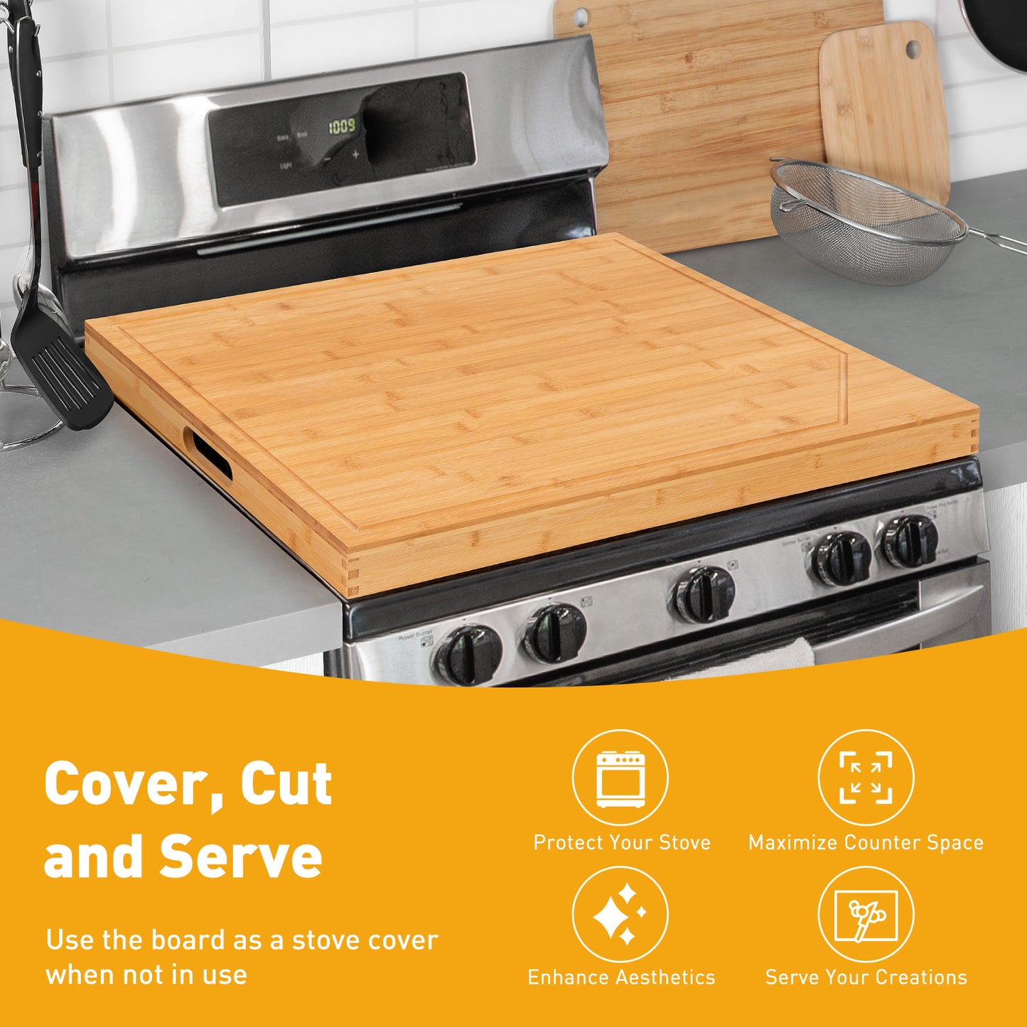 Bamboo Stove Top Cover Noodle Board With Handles RV Kitchen