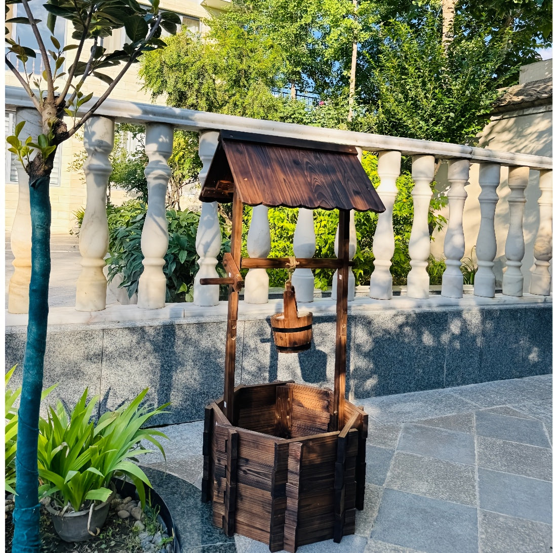 Rustic Wooden Wishing Well Planter With Hanging Bucket