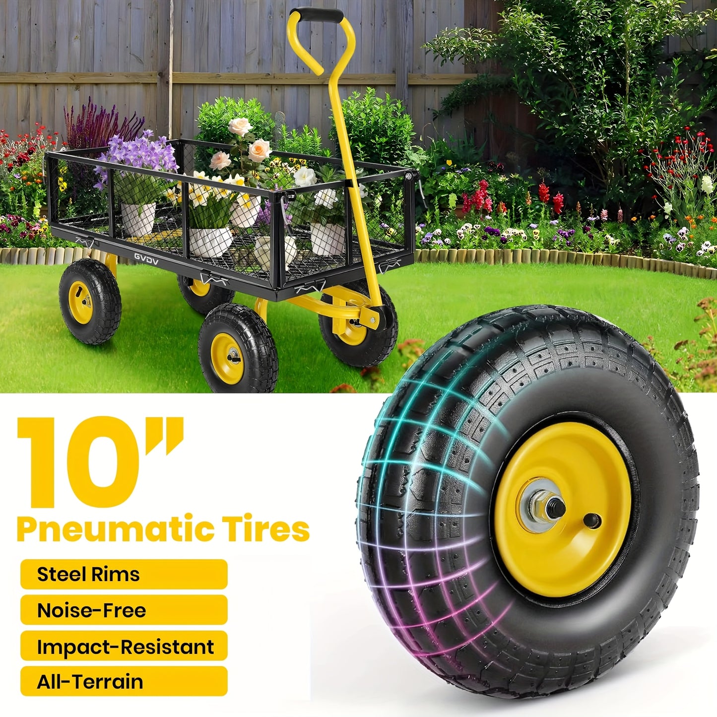 GVDV Heavy Duty Steel Garden Cart With Liner And Mesh Sides