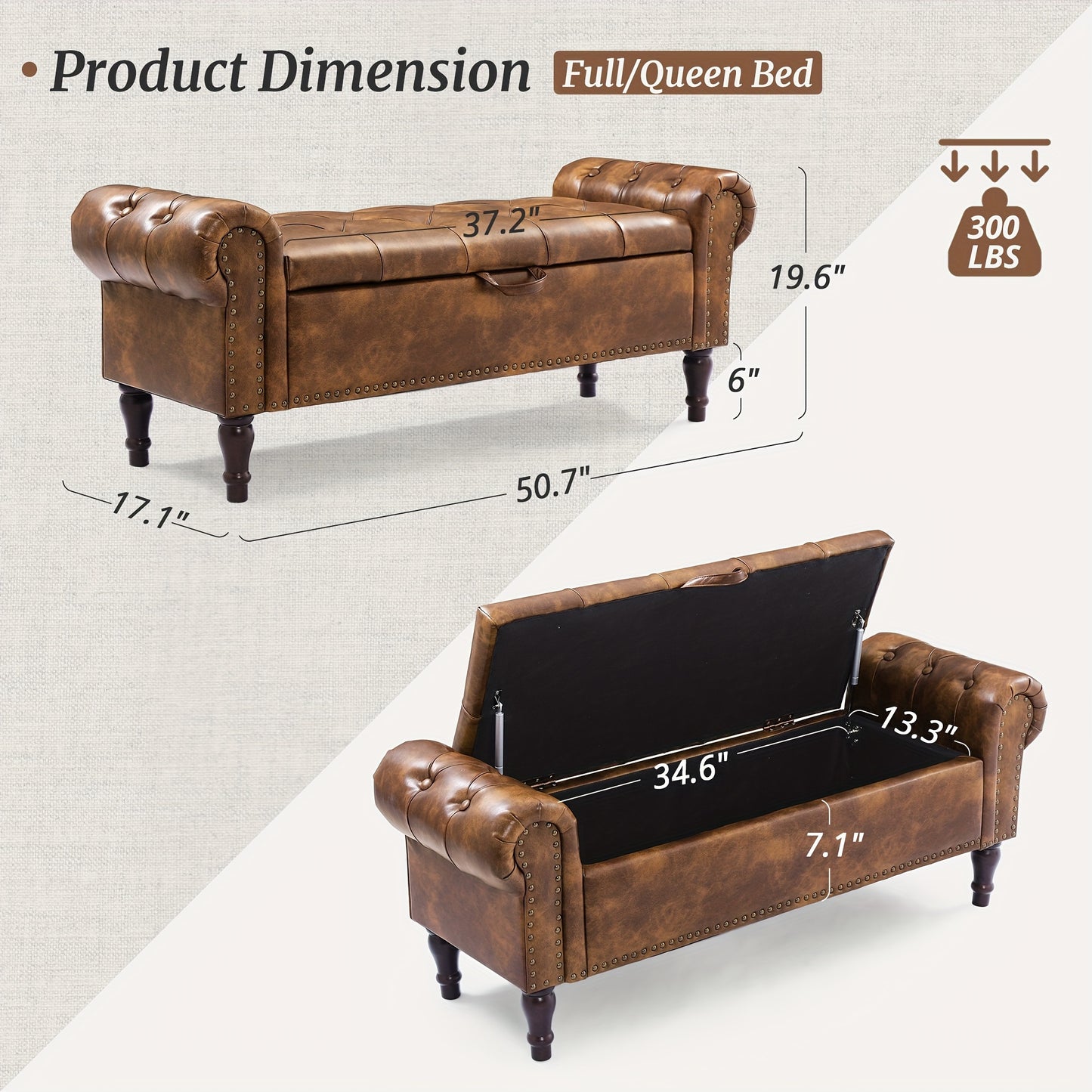 Storage Bench Ottoman 50 Inch Linen And Faux Leather