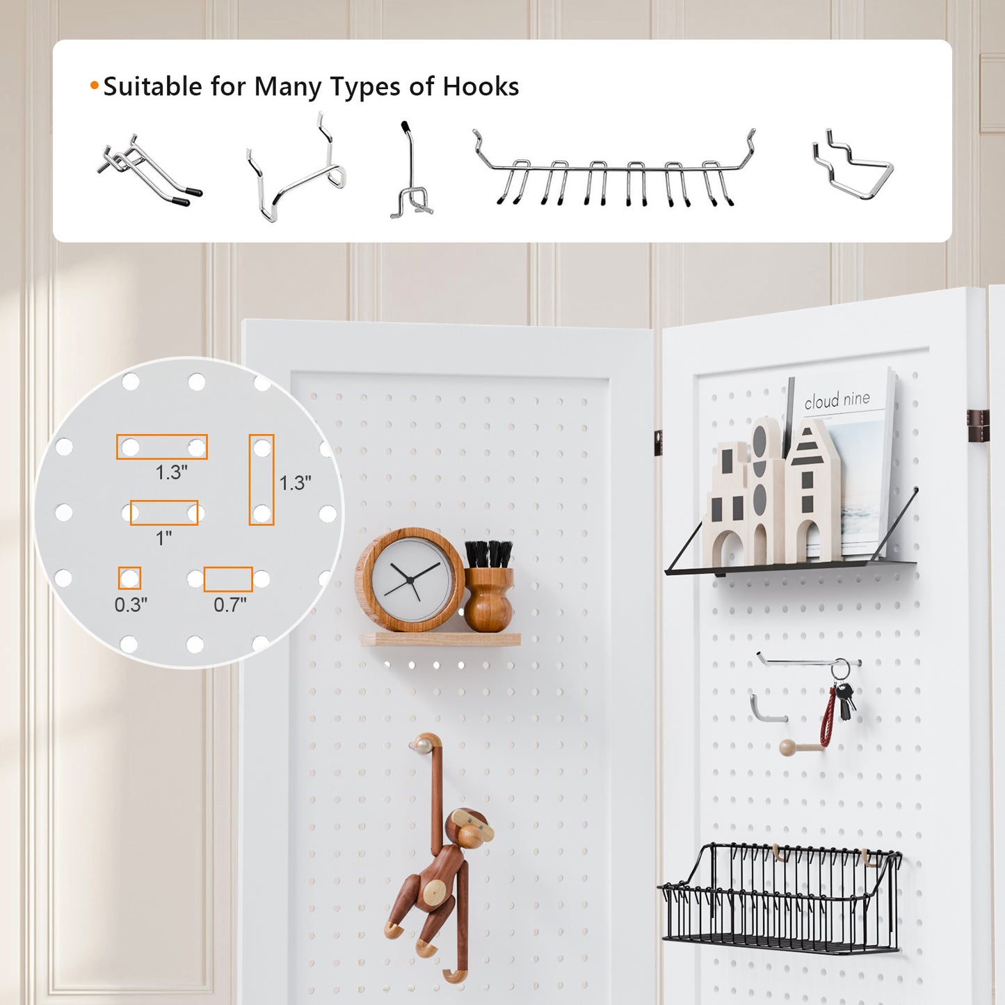5 Ft Wood Freestanding Pegboard Room Divider Organizer