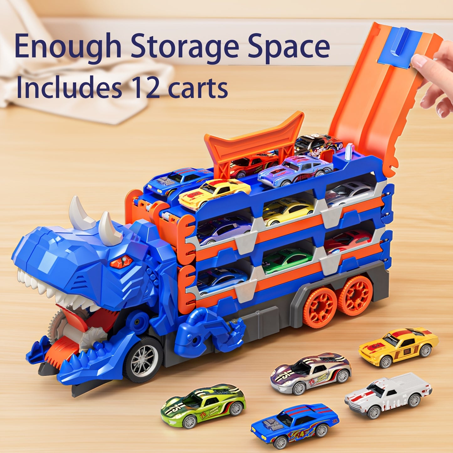 12 Cars Dino Truck Race Track Set For Toddlers 3-6