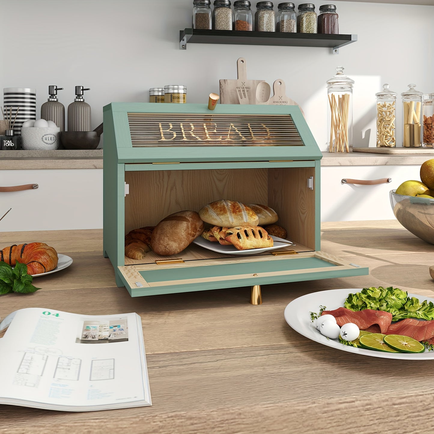 Golden Trim Wooden Bread Box For Kitchen Countertop Storage