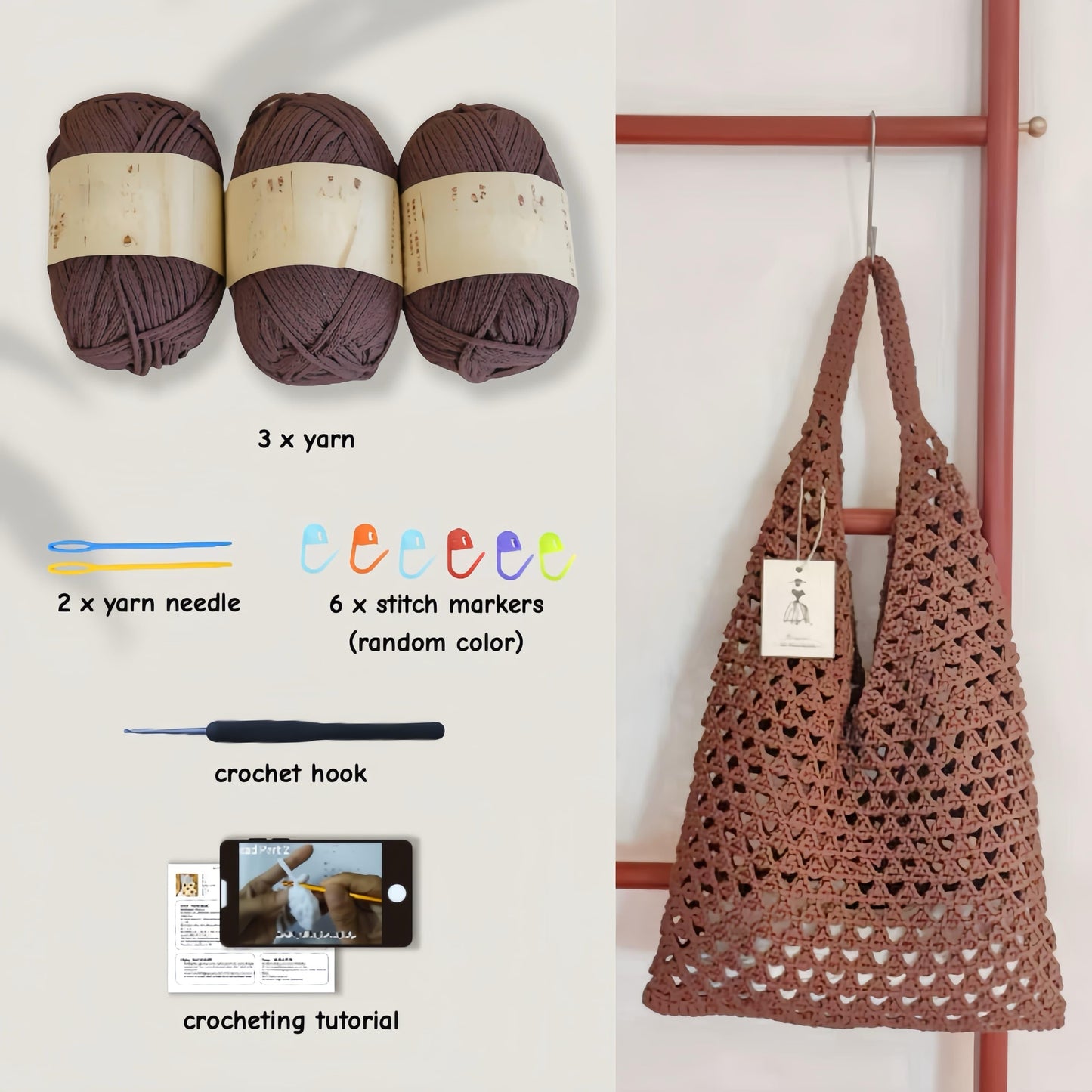Beginner Crochet Kit for Mesh Shoulder Bag Brown Yarn Set