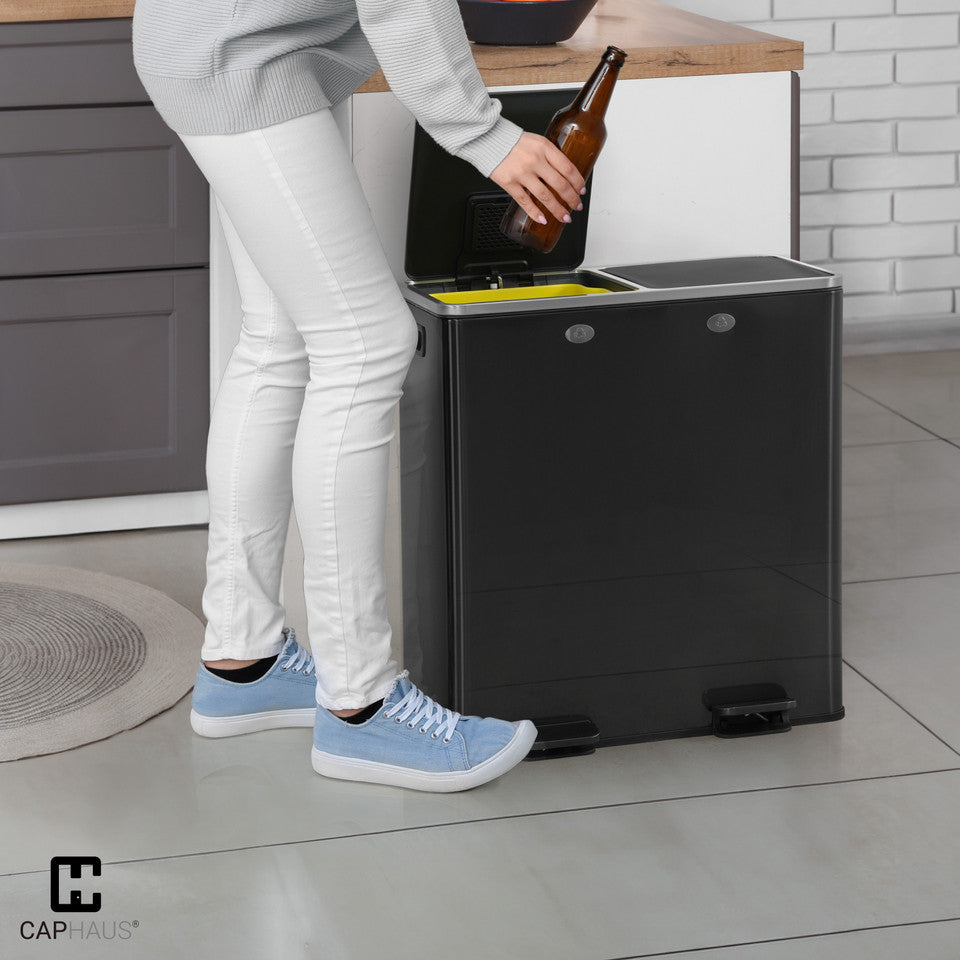 Caphaus Black Dual Trash Can With Double Lid And Recycle Bin