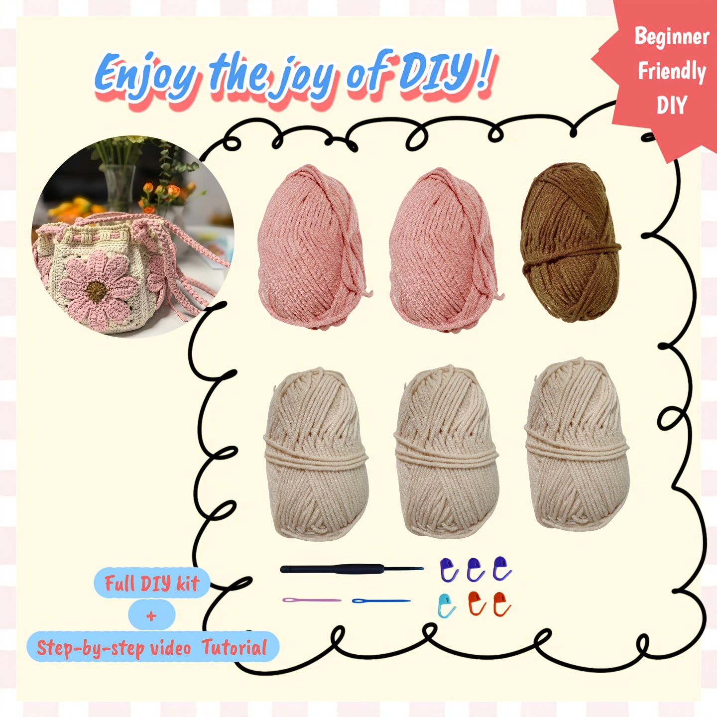 Pink Floral Crochet Bag DIY Kit With Video Tutorials