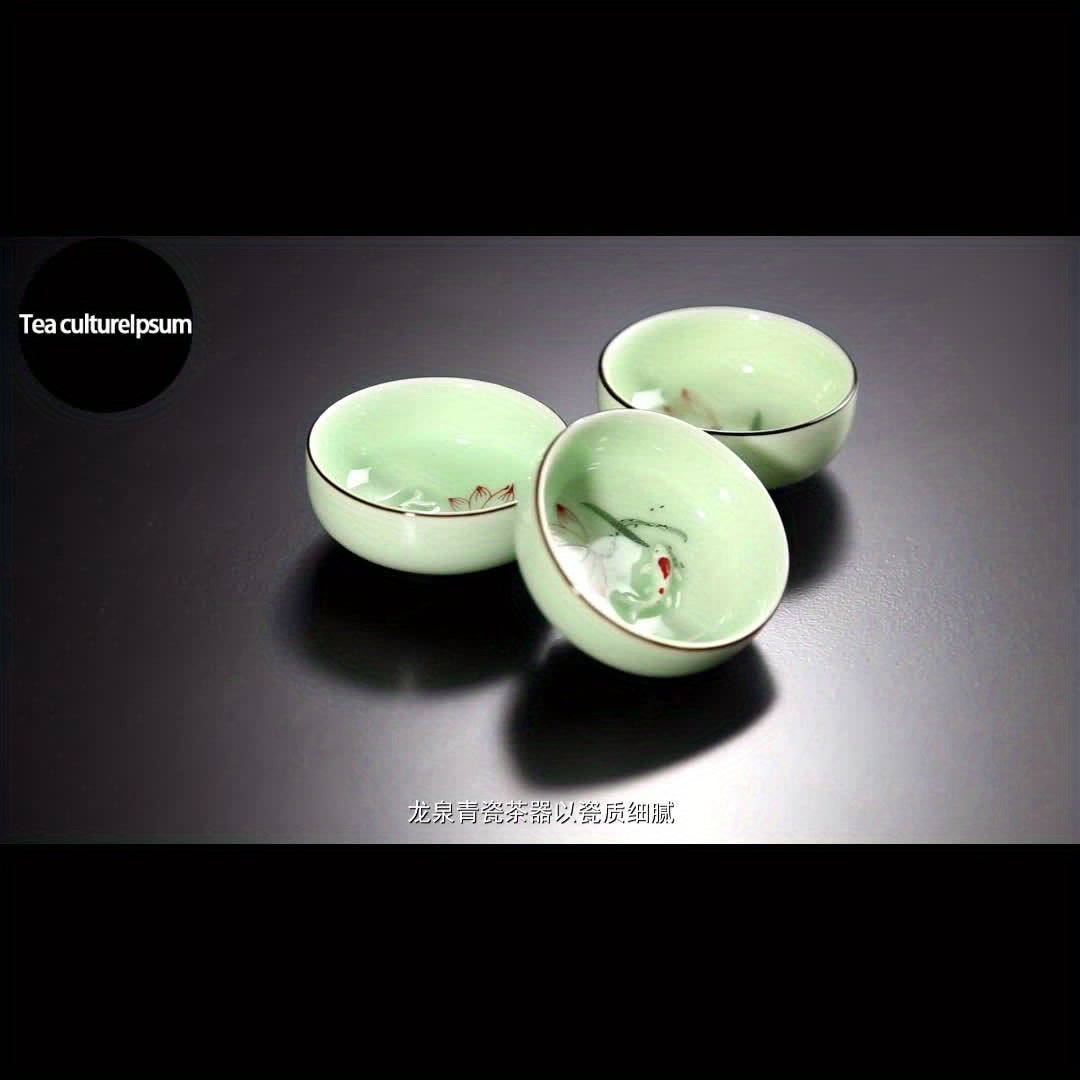 Celadon Ceramic Tea Cups Set 3pc Hand Painted Landscape