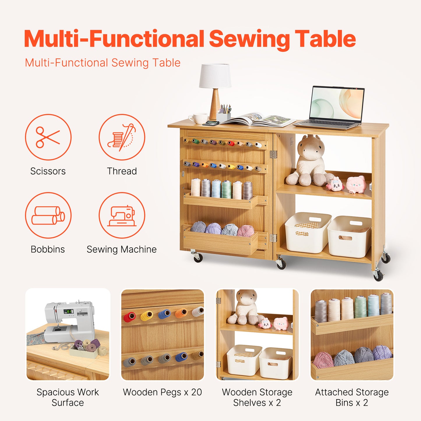 Vevor Folding Sewing Craft Table With Lockable Wheels