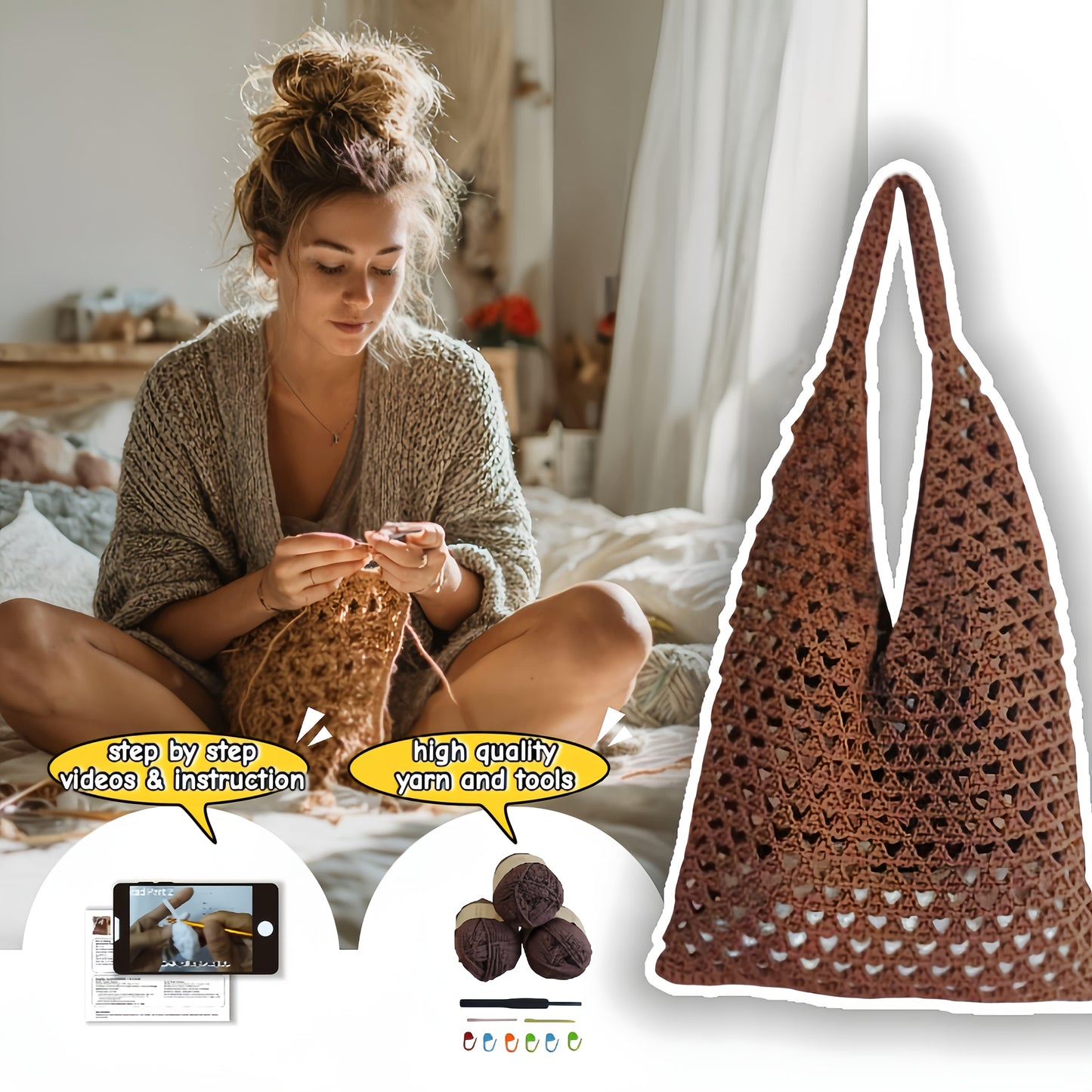 Beginner Crochet Kit for Mesh Shoulder Bag Brown Yarn Set