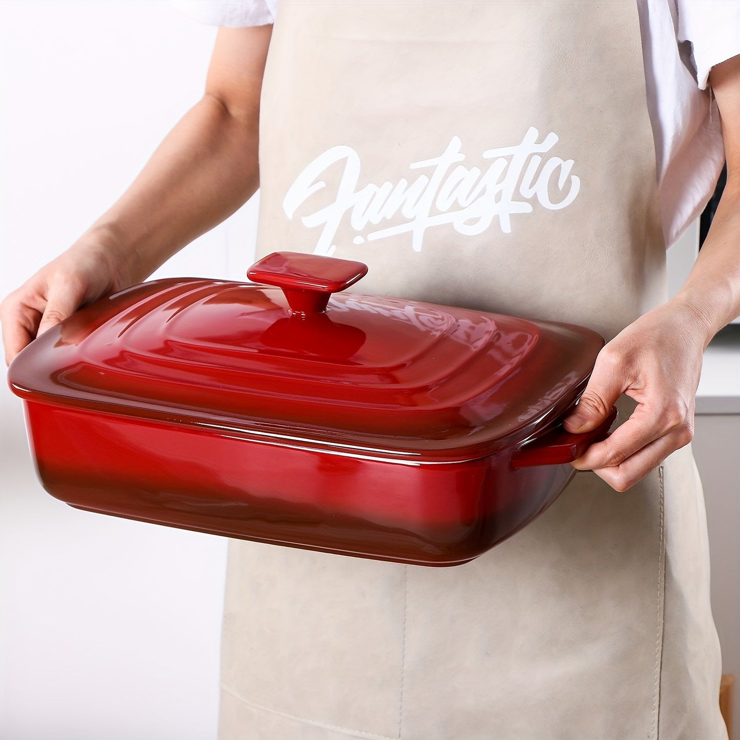Red 4 Quart Rectangular Ceramic Casserole Dish Lid 9x13