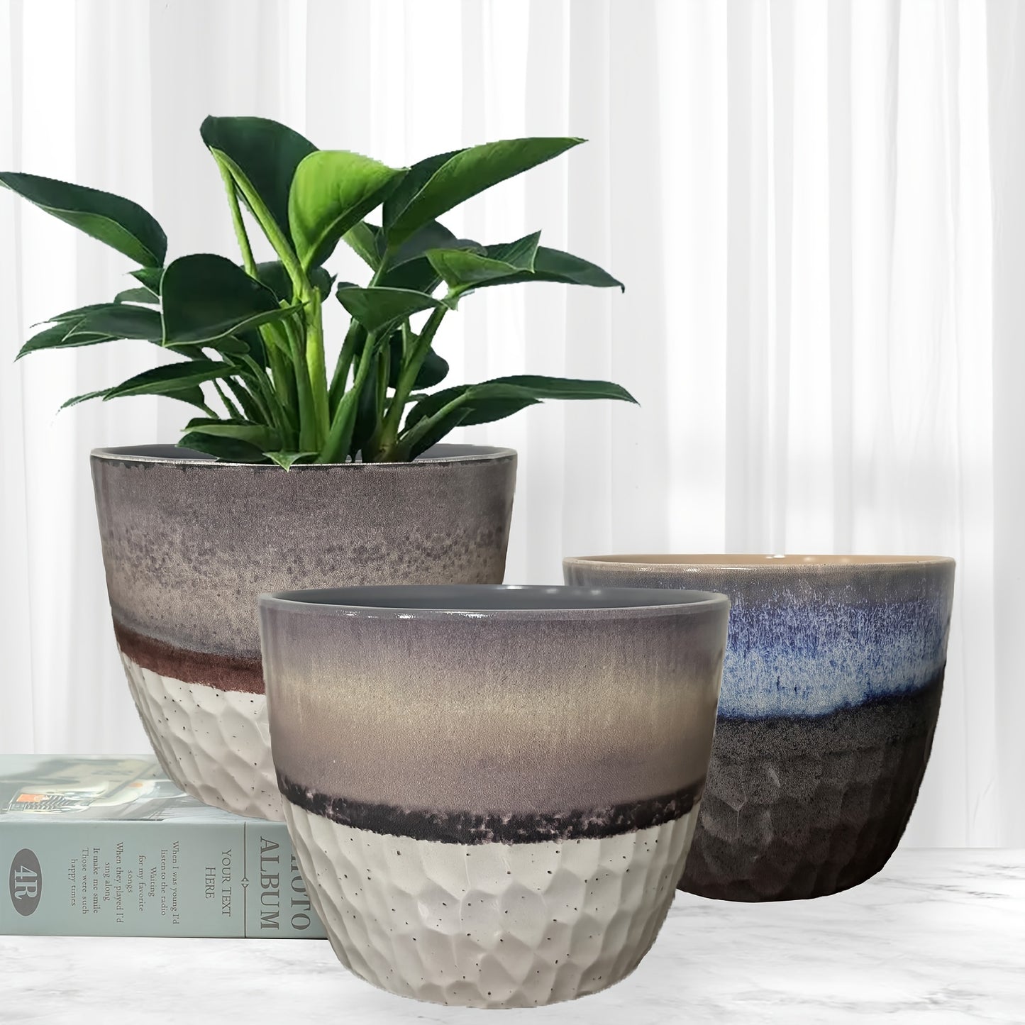 3-Piece PolyStone Modern Round Planters, Indoor Outdoor