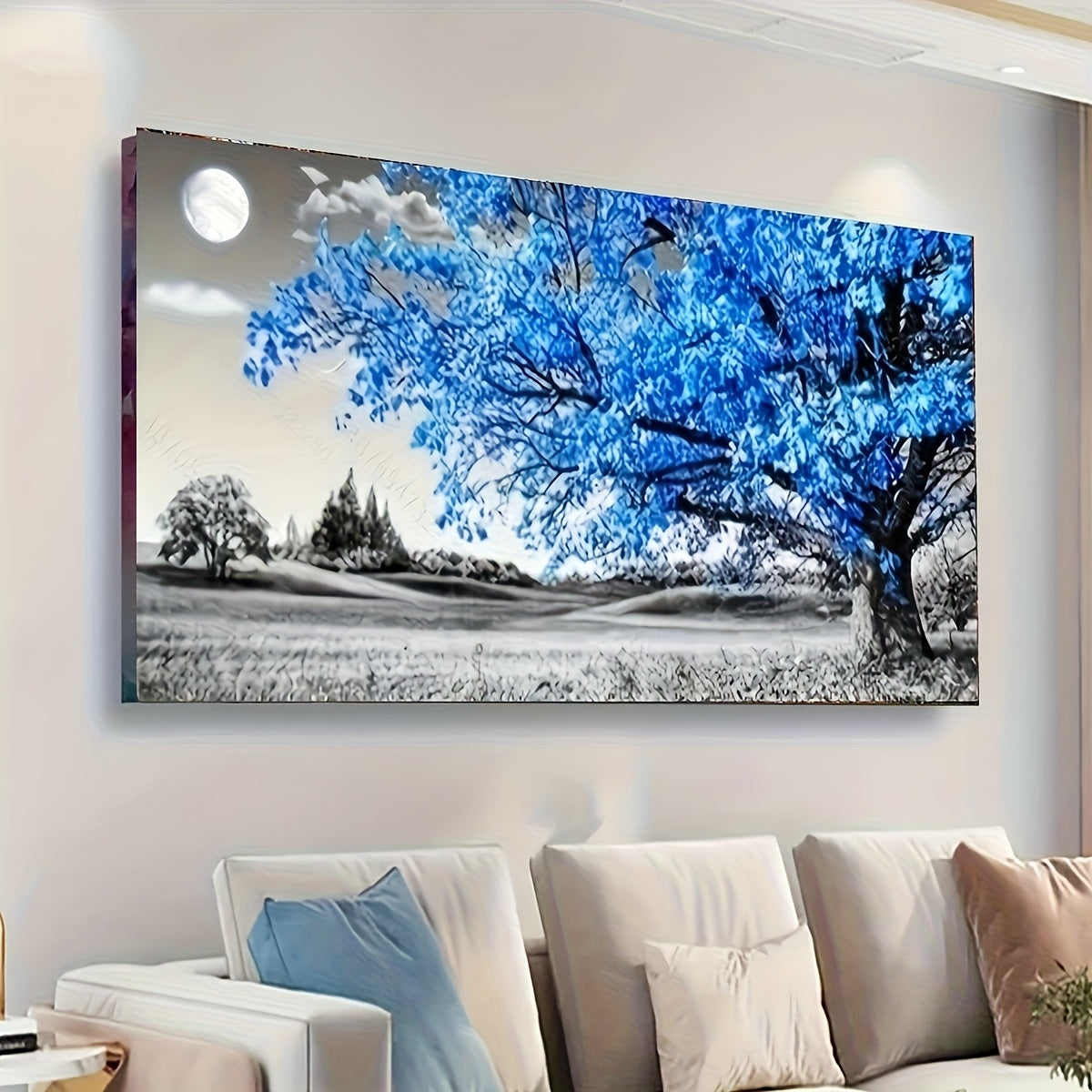 Frameless Round Diamond Painting Kit Blue Tree Wall Decor