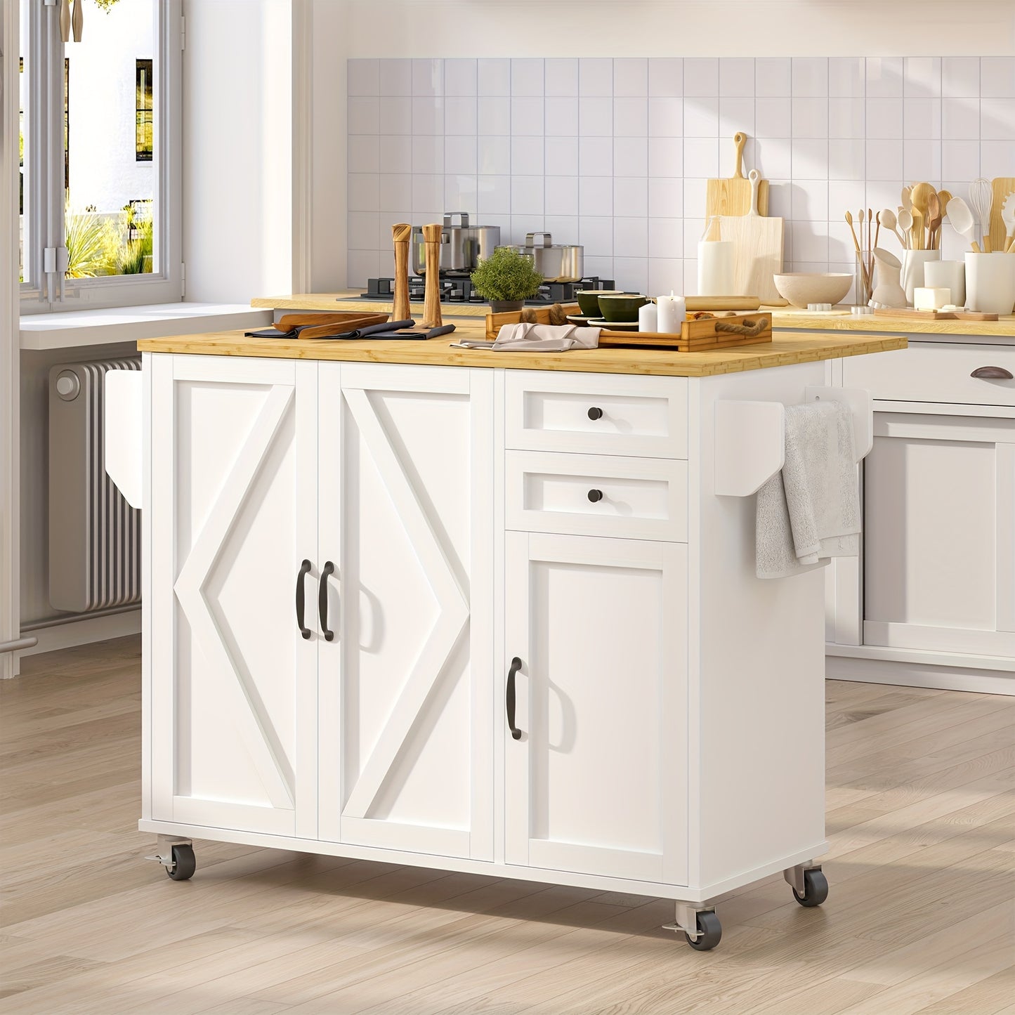 Kitchen Island With Drop Leaf On Wheels And Storage Cabinet