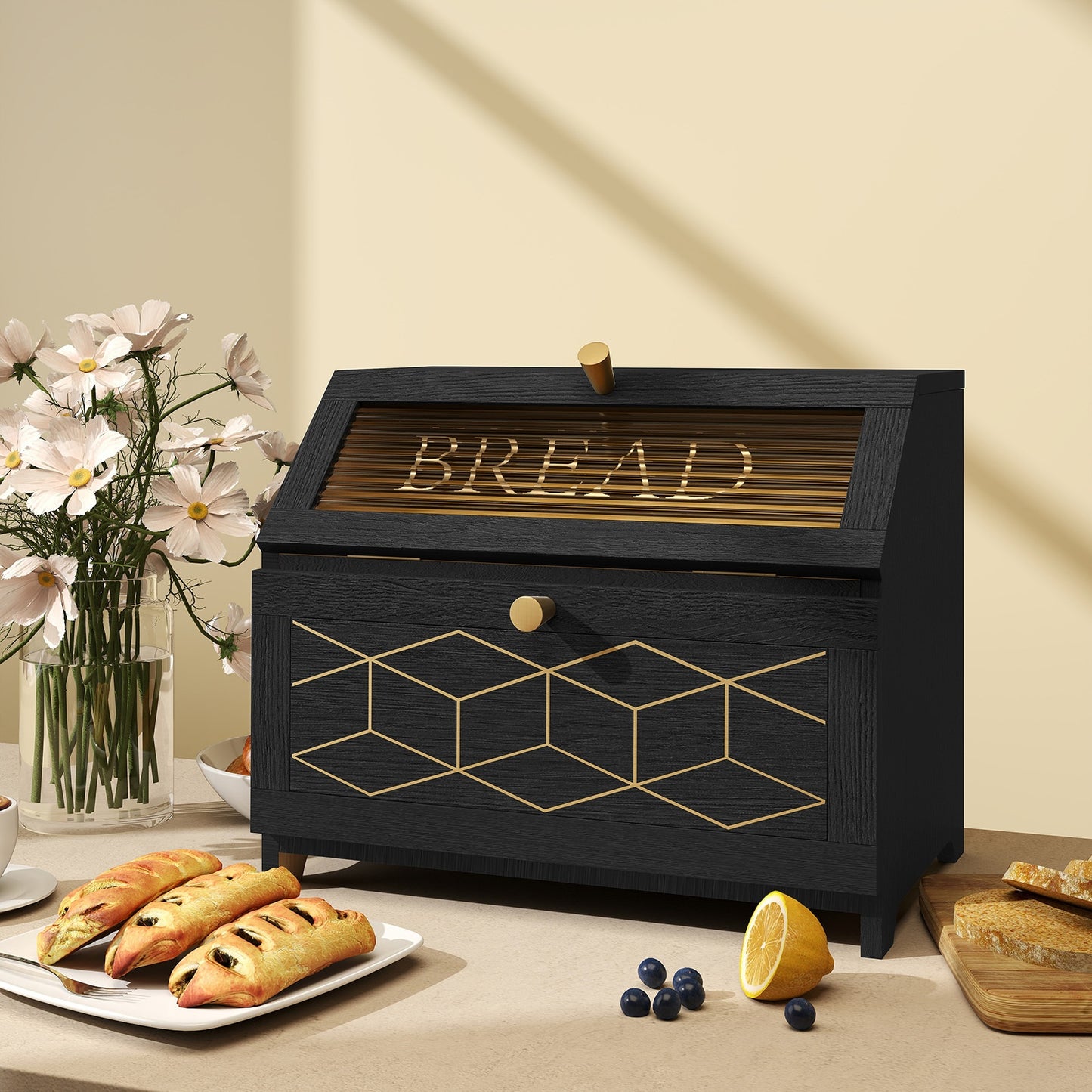 Golden Trim Wooden Bread Box For Kitchen Countertop Storage