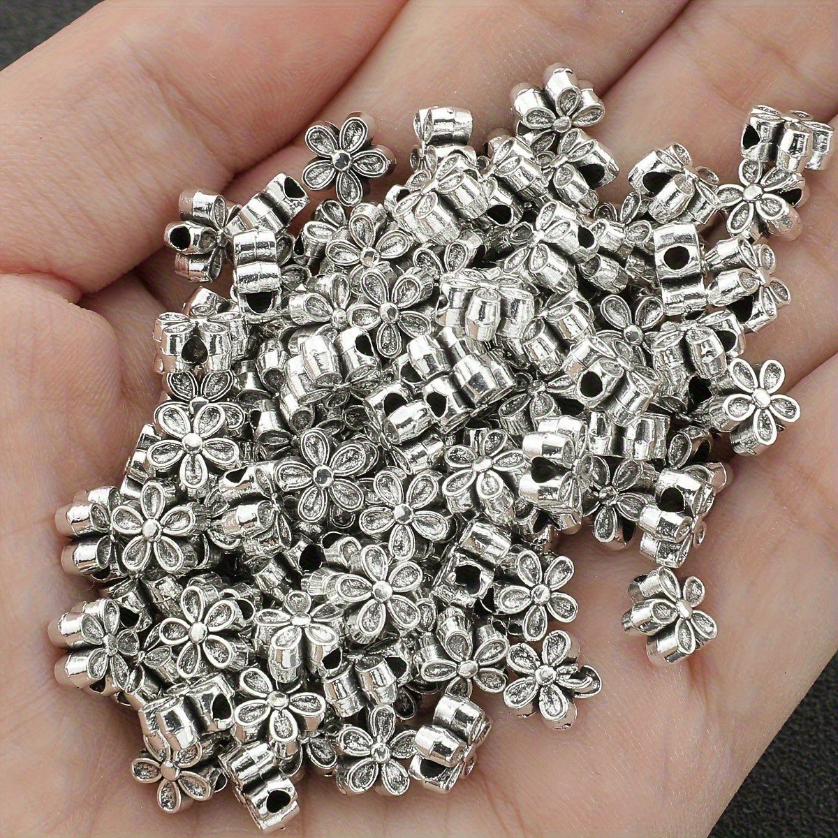 Vintage Tibetan Silvery Five Petal Alloy Beads For Jewelry