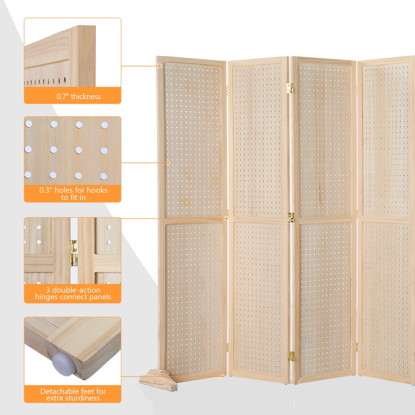5 Ft Wood Freestanding Pegboard Room Divider Organizer